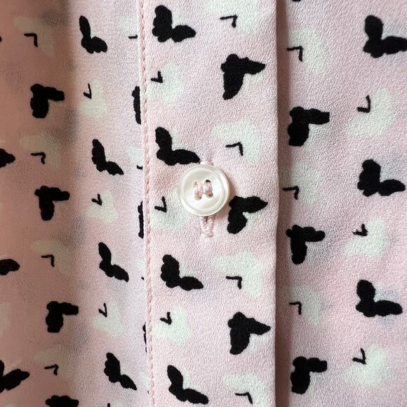 Talbots Blouse Womens Size Large Pink & Black Butterfly Bird Pintuck Peter Pan - Picture 7 of 16